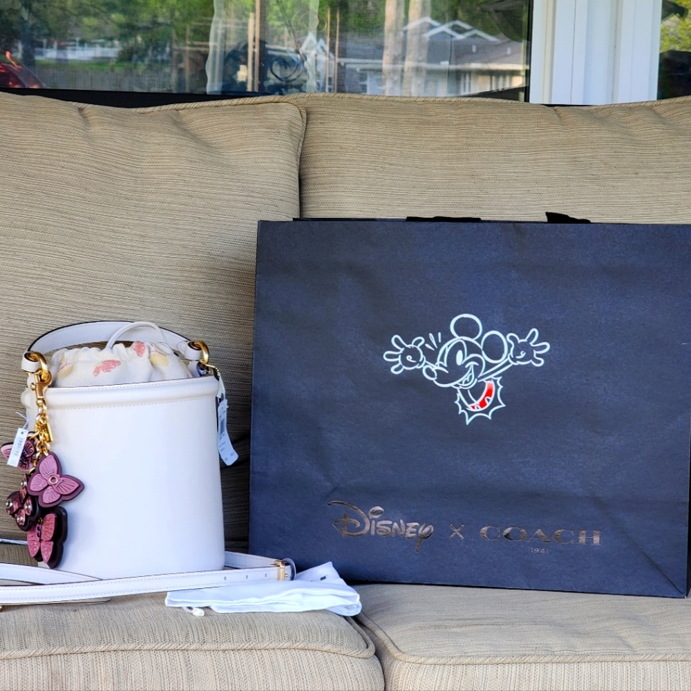 NWT Coach Drawstring Leather Bucket Bag in Chalk/gold & NWT Coach bag charms.